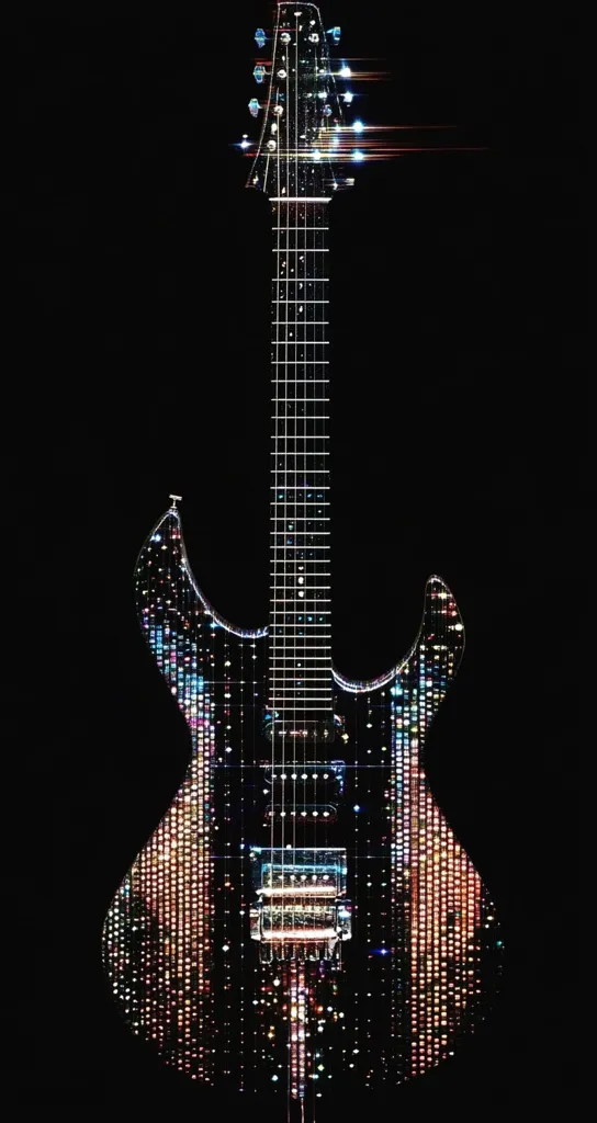 A dazzling electric guitar is showcased against a stark black backdrop.  Its body and neck are adorned with countless tiny lights, creating a shimmering, pixelated effect.  The guitar's design is modern with a sleek, curved body and a multi-string headstock.  The image evokes a sense of futuristic elegance and musical artistry.