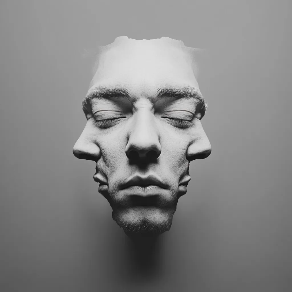 A monochrome, surreal image depicts a sculpted face with two additional smaller faces merging into its sides.  The central face has its eyes closed, suggesting serenity or introspection. The overall effect is one of duality and multiplicity, hinting at inner conflict or the complexities of identity. The sculpture's smooth texture contrasts with the fragmented form, creating a striking visual paradox.