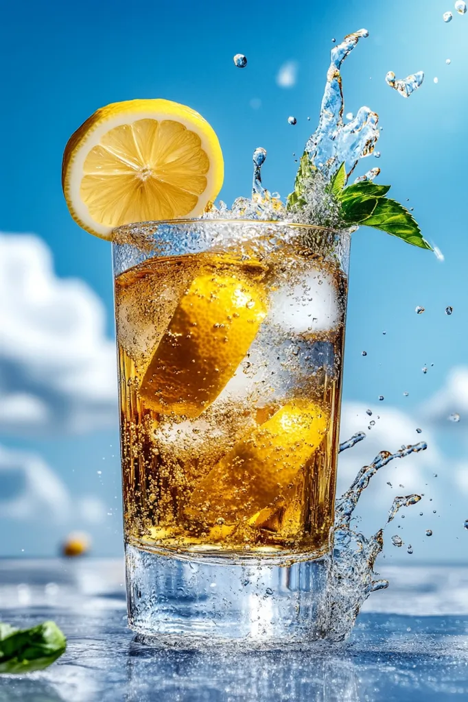 A refreshing iced tea beverage is captured in a vibrant close-up shot.  The glass is filled with amber-colored tea, ice cubes, and lemon slices.  A splash of water dramatically highlights the drink's coolness.  A sprig of mint adds a touch of elegance, and the backdrop is a bright, sunny sky with fluffy white clouds. The overall image conveys a sense of summer refreshment and relaxation.