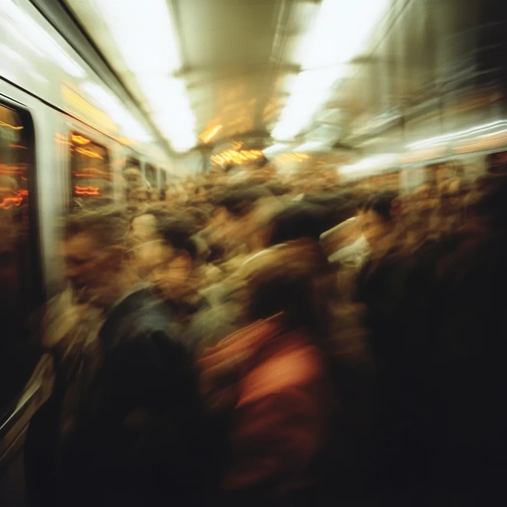 A blurred image depicts the interior of a moving subway car packed with commuters.  The motion blur creates a sense of speed and the anonymity of a large crowd.  Warm lighting from within the train contrasts with the darker, less defined areas.  Faces are indistinct, emphasizing the overall feeling of movement and density. The overall effect is one of urban transit and the anonymity of city life.