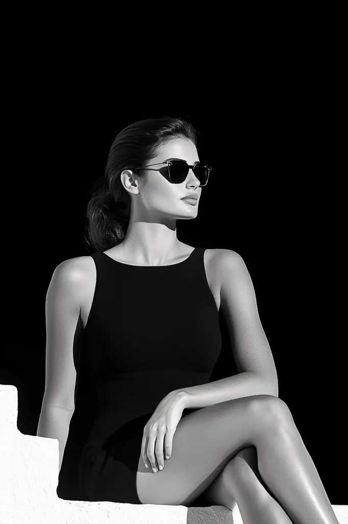 A monochrome image portrays a woman, elegantly attired in a simple black dress, seated on a white staircase.  She sports dark sunglasses and her hair is styled in a sleek updo.  The stark contrast between the black and white creates a dramatic, stylish effect, emphasizing her confident pose and the sleek lines of her outfit and sunglasses. The background is entirely black, focusing attention on the subject.