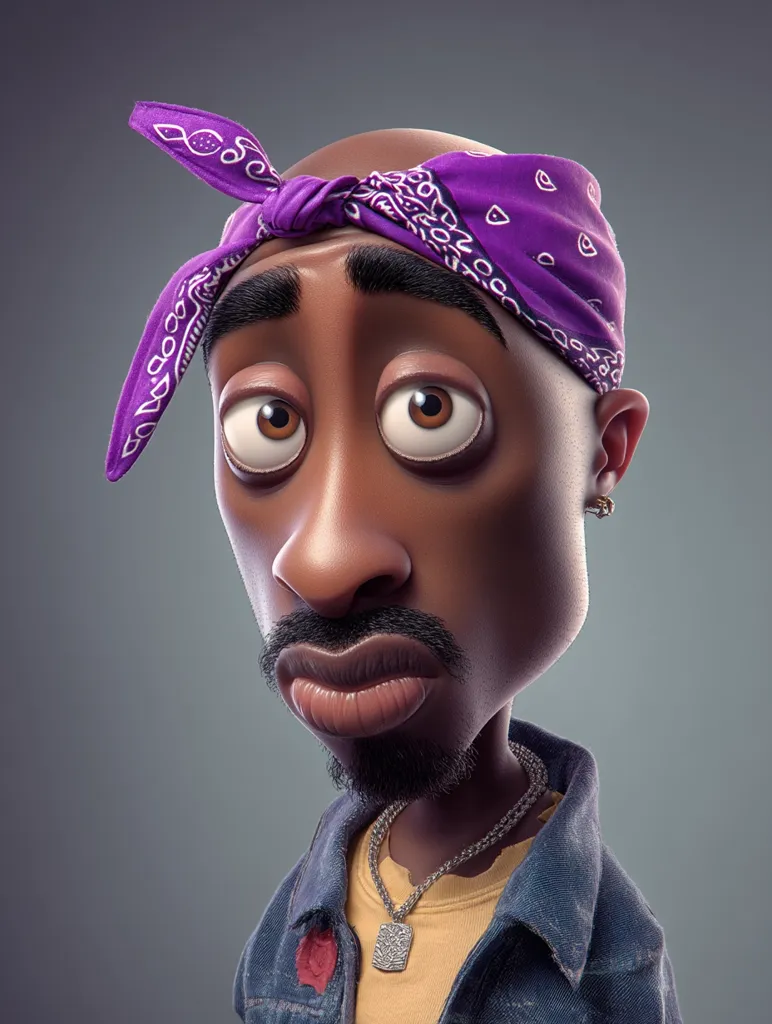 A stylized 3D rendering of Tupac Shakur.  He's depicted in a cartoonish manner with exaggerated features, large eyes, and a prominent nose.  He wears a purple bandana tied around his head and a denim jacket over a yellow shirt.  Silver necklaces and earrings complete the look, maintaining a distinct resemblance to the late rapper. The image showcases a blend of realism and cartoonish exaggeration.