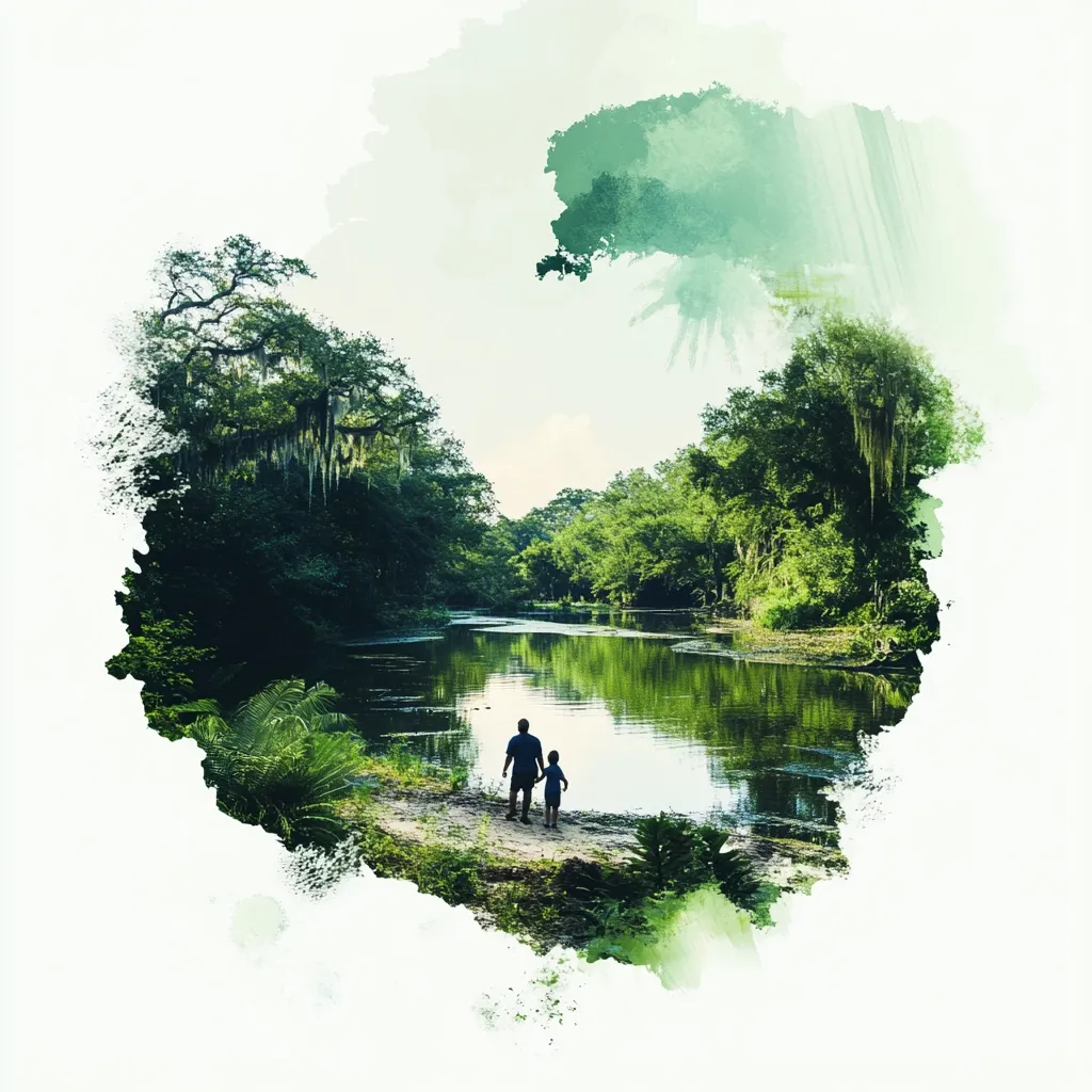 A watercolor-style image depicts a tranquil river scene. Lush green foliage lines the banks, creating a serene atmosphere.  A father and son stand hand-in-hand on the riverbank, their backs to the viewer, gazing out at the water. The composition suggests peace, connection, and the beauty of nature. The image is framed by a soft, abstract watercolor wash, enhancing its dreamlike quality.
