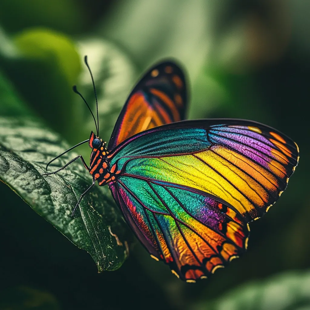 A vibrant butterfly, iridescent with teal, gold, and purple hues, rests on a lush green leaf.  Its intricate wing patterns and delicate antennae are sharply defined against the blurred background of verdant foliage. The colors shimmer, suggesting a jewel-like quality. The image captures a moment of serene beauty in nature.