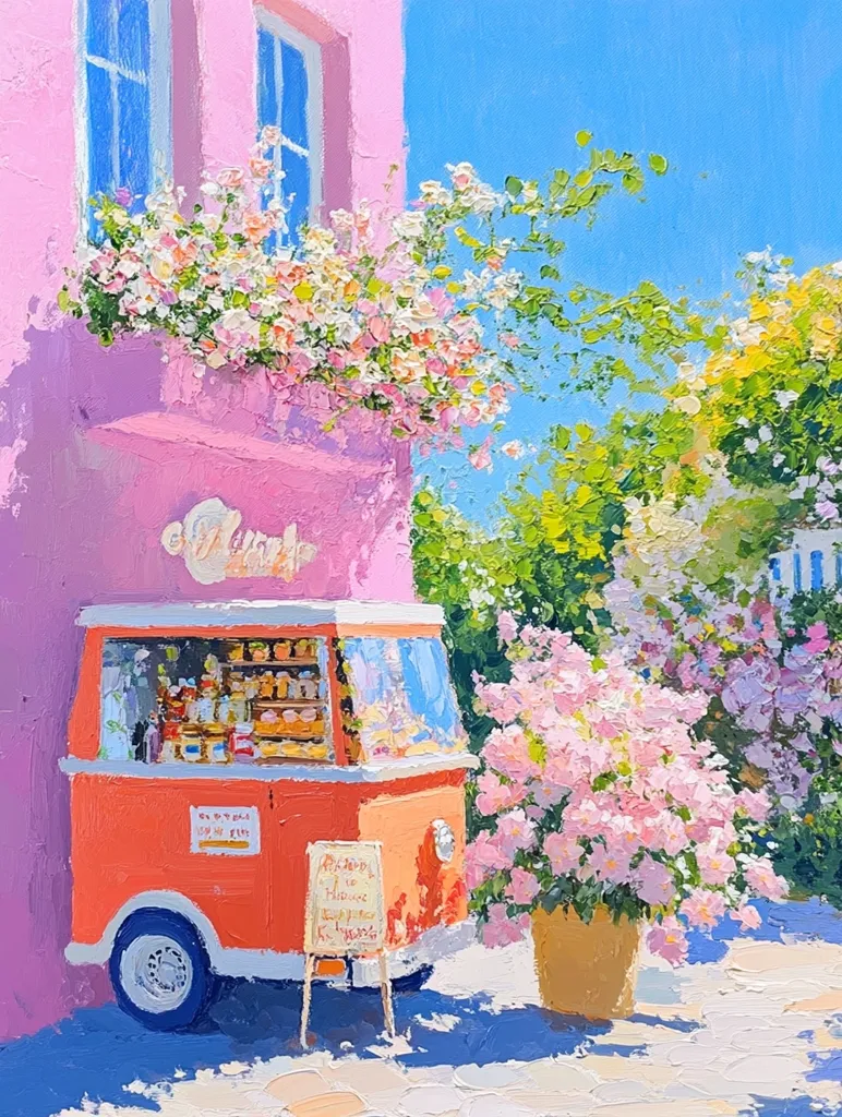 A vibrant painting depicts a sunny street scene. A cheerful, orange van, acting as a small shop, is parked next to a light pink building adorned with overflowing flower boxes.  A large pot of pink flowers sits beside the van, casting shadows on the sun-drenched cobblestones.  The style is impressionistic, with visible brushstrokes adding texture and a sense of movement to the scene. The overall mood is cheerful and idyllic.