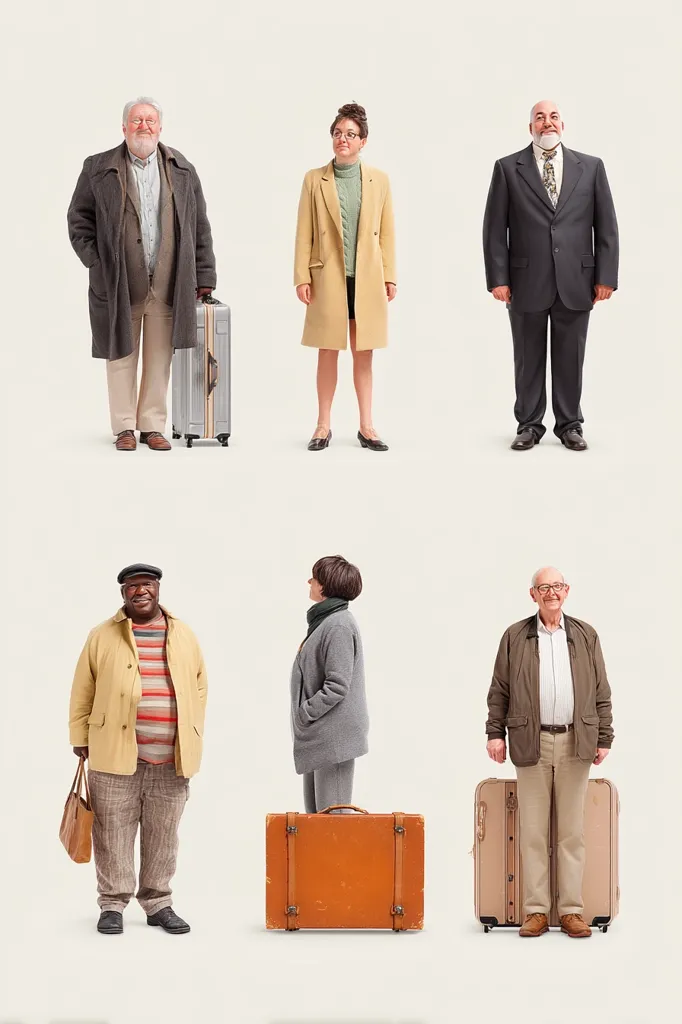 Six individuals stand against a light gray background, each holding or near a suitcase.  Three are older adults, and three appear middle-aged.  They are diverse in gender, ethnicity, and style.  The luggage varies in size and color, suggesting a journey or travel theme.  The overall image is clean and simple, with a focus on the individuals' postures and expressions.