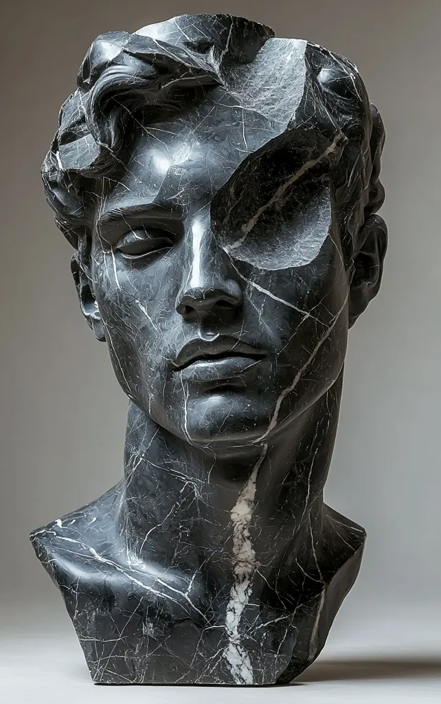 A striking black marble bust of a young man, seemingly classical in style, is presented.  The sculpture features a dramatic, fragmented effect, particularly around the eye, which is partially obscured.  The artist masterfully uses the natural veining of the marble to enhance the piece's texture and emotional impact. The overall effect is one of brooding intensity and subtle vulnerability.