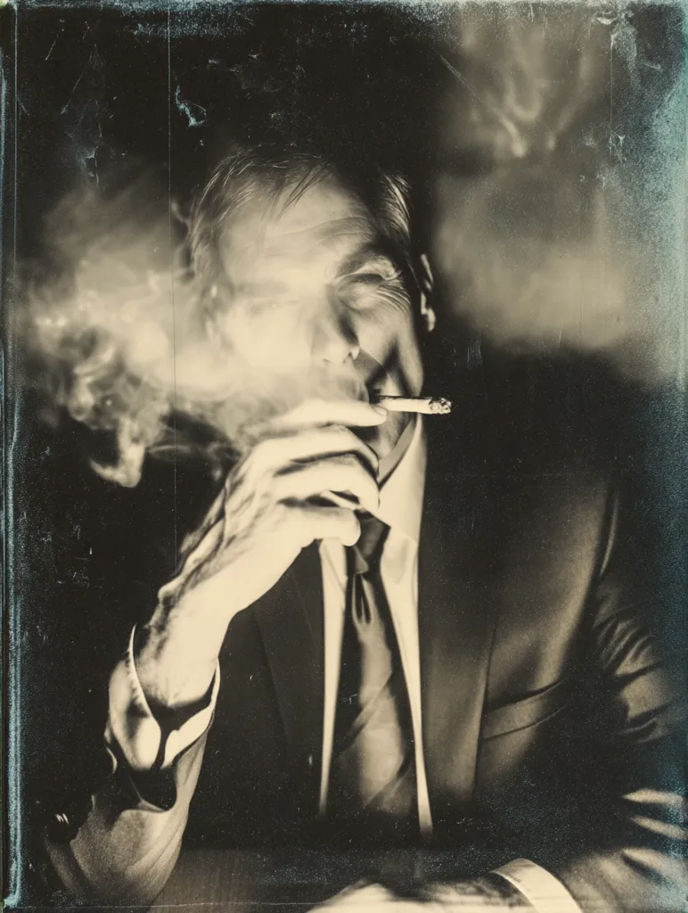 A sepia-toned, close-up portrait of a man in a suit, his face partially obscured by smoke from a cigarette he holds.  The image has a grainy, vintage texture, suggestive of a film noir aesthetic.  His expression is contemplative, and the overall mood is somber and mysterious.  The background is dark and indistinct, focusing attention on the man and the cigarette.