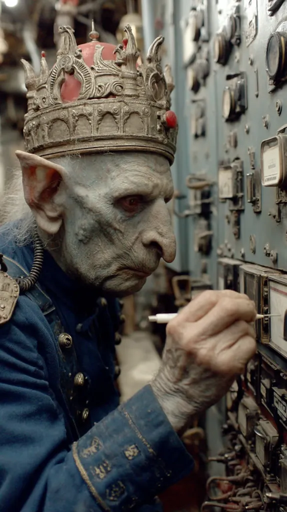 A pale, elfin-like creature, crowned and wearing a dark blue jacket, meticulously works on a complex array of aged machinery.  His pointed ears and unusual features are striking against the backdrop of the industrial control panel.  He appears focused and precise in his task, his aged hands deftly manipulating small instruments.  The scene suggests a blend of fantasy and gritty realism.