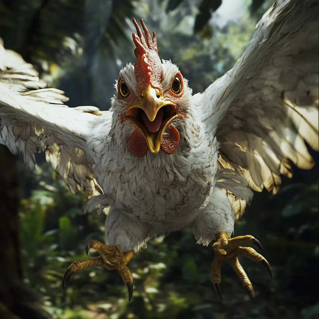 A close-up shot reveals a white chicken in mid-flight, its wings outstretched.  The chicken's beak is open in a surprised or alarmed expression, its eyes wide. The background is a blurred tropical forest setting, creating a dramatic contrast with the sharply focused bird.  The image is highly detailed, showcasing realistic textures on the feathers and skin.