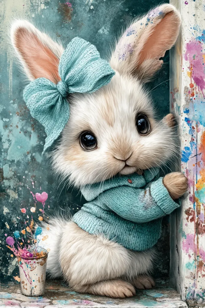 A fluffy white rabbit, adorned with a light teal knitted bow and matching sweater, peeks from behind a paint-splattered easel.  Its large, expressive eyes and soft fur are beautifully detailed.  A small pail of colorful paint splashes sits nearby, adding to the artistic ambiance. The rabbit's pose and the background suggest a playful, artistic scene.