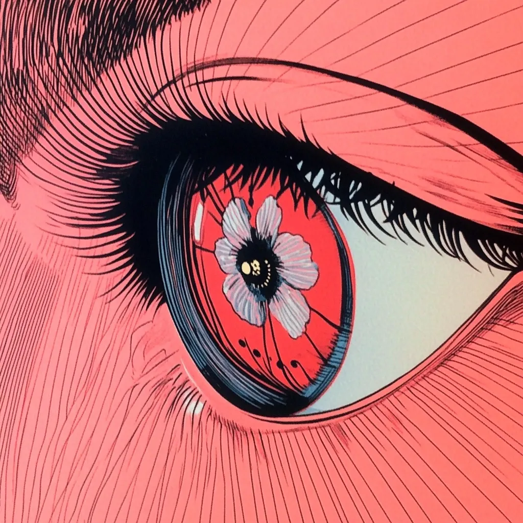 A close-up illustration of a stylized eye, rendered in vibrant coral tones.  The iris features a detailed, light purple flower with a dark center, appearing almost mechanical in its intricate lines.  Long, dark lashes frame the eye, adding to the dramatic effect. The overall style is graphic and bold, with sharp lines and a striking color palette.