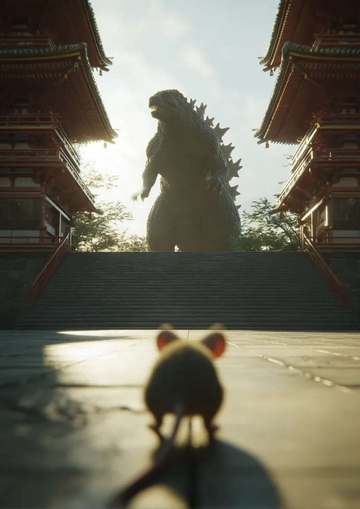 Godzilla, a colossal monster, looms between two traditional Japanese temples bathed in sunlight.  A small mouse stands in the foreground, facing the giant creature.  The scene contrasts immense scale with minuscule perspective, highlighting the overwhelming presence of Godzilla. The setting evokes a sense of ancient Japanese architecture juxtaposed with modern cinematic monster imagery.
