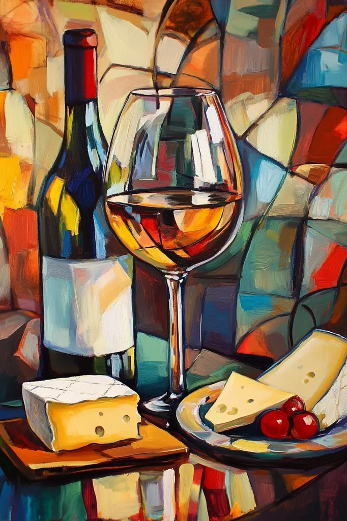 A vibrant, abstract still life painting depicts a bottle of wine, a glass of white wine, cheese, and cherries.  The artwork utilizes bold, colorful brushstrokes in a cubist style, creating a dynamic composition. The background is a patchwork of geometric shapes, contrasting with the smooth forms of the wine and cheese. The overall impression is one of lively energy and rich texture.
