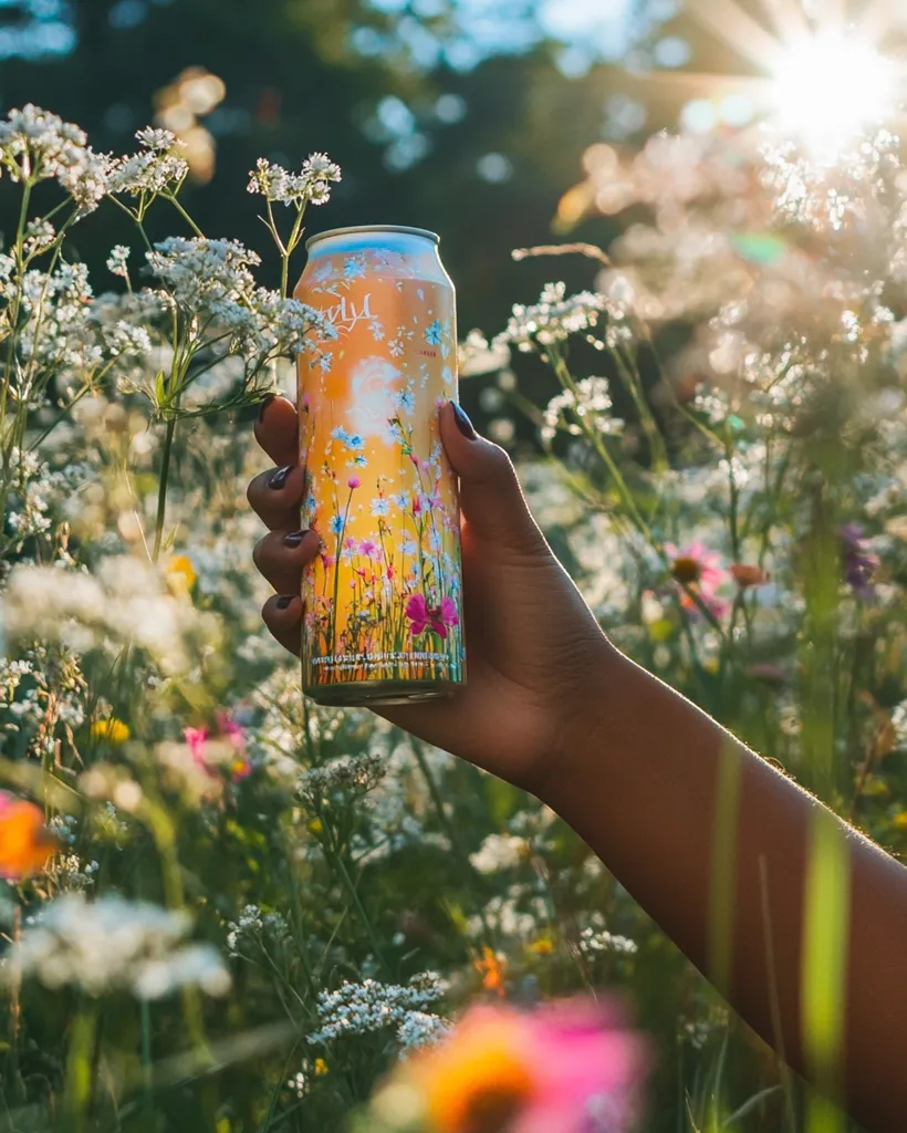 A hand holds a can of sparkling drink amidst a vibrant wildflower meadow. The can's design features a sunset scene with wildflowers, complementing the surrounding nature.  Sunlight streams through the flowers, creating a warm, idyllic atmosphere. The image evokes feelings of summer, refreshment, and natural beauty.
