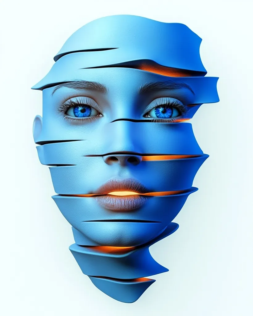 A stylized female face is depicted, seemingly constructed from fragmented, layered blue segments.  Bright, inner orange glows illuminate the crevices between the layers, highlighting the eyes and lips.  The overall effect is one of both beauty and technological deconstruction, suggesting a digital or futuristic aesthetic. The image is set against a plain white background.