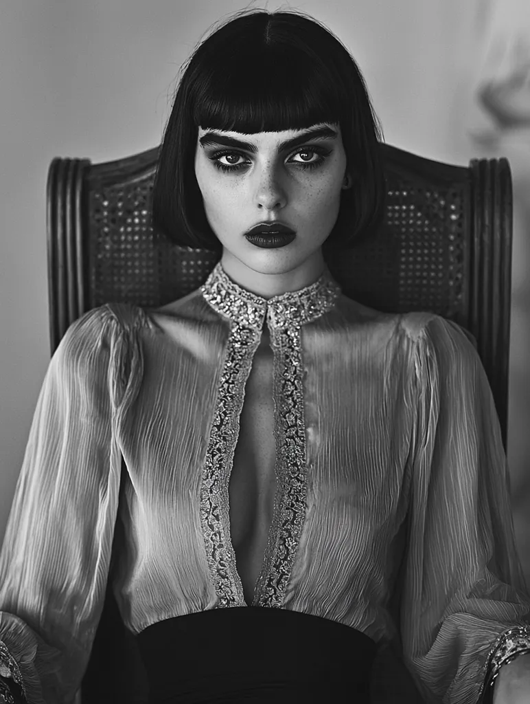 A black and white portrait of a young woman with a blunt bob hairstyle.  She's seated in a wooden chair, wearing a sheer, low-cut blouse with lace detailing and a dark skirt. Her makeup is dramatic, featuring dark eyes and lips.  The overall mood is dark and sophisticated, emphasizing her striking features and intense gaze.
