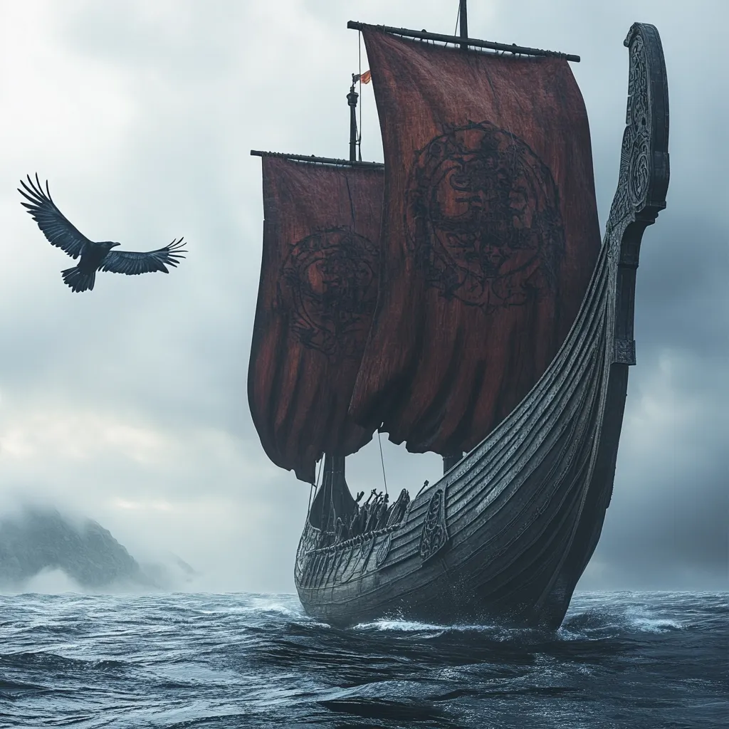 A majestic Viking longship, adorned with intricate carvings and dark red sails bearing symbolic designs, sails across a stormy sea.  A lone raven flies overhead, adding to the dramatic atmosphere of the scene.  Misty mountains loom in the background, under a brooding sky, enhancing the sense of adventure and mystery. The ship is heavily laden with crew.