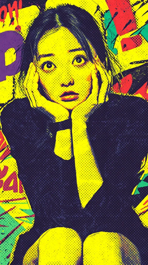 A stylized pop art portrait of a young woman with wide eyes and a surprised expression.  Her hands are cupped under her chin, and she's seated. The vibrant image uses bold colors, including yellow, purple, and red, with a textured background reminiscent of comic book panels.  The style is reminiscent of vintage comic books and graphic novels.