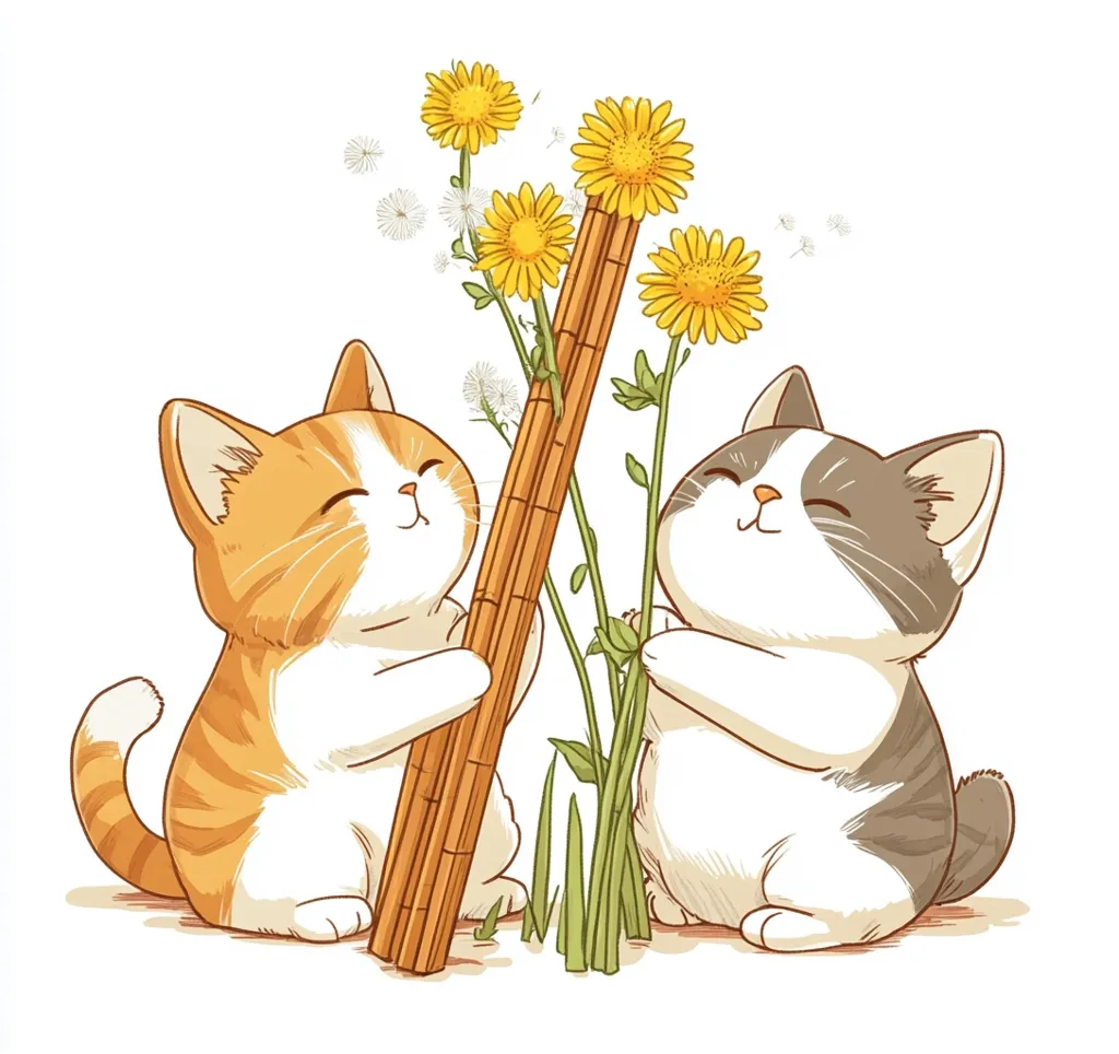 Two adorable kittens, one orange and white, the other grey and white, joyfully embrace a bunch of yellow wildflowers and a long, slender, brown object resembling bamboo.  They are depicted in a cheerful, cartoonish style against a plain white background, conveying a sense of happiness and springtime.