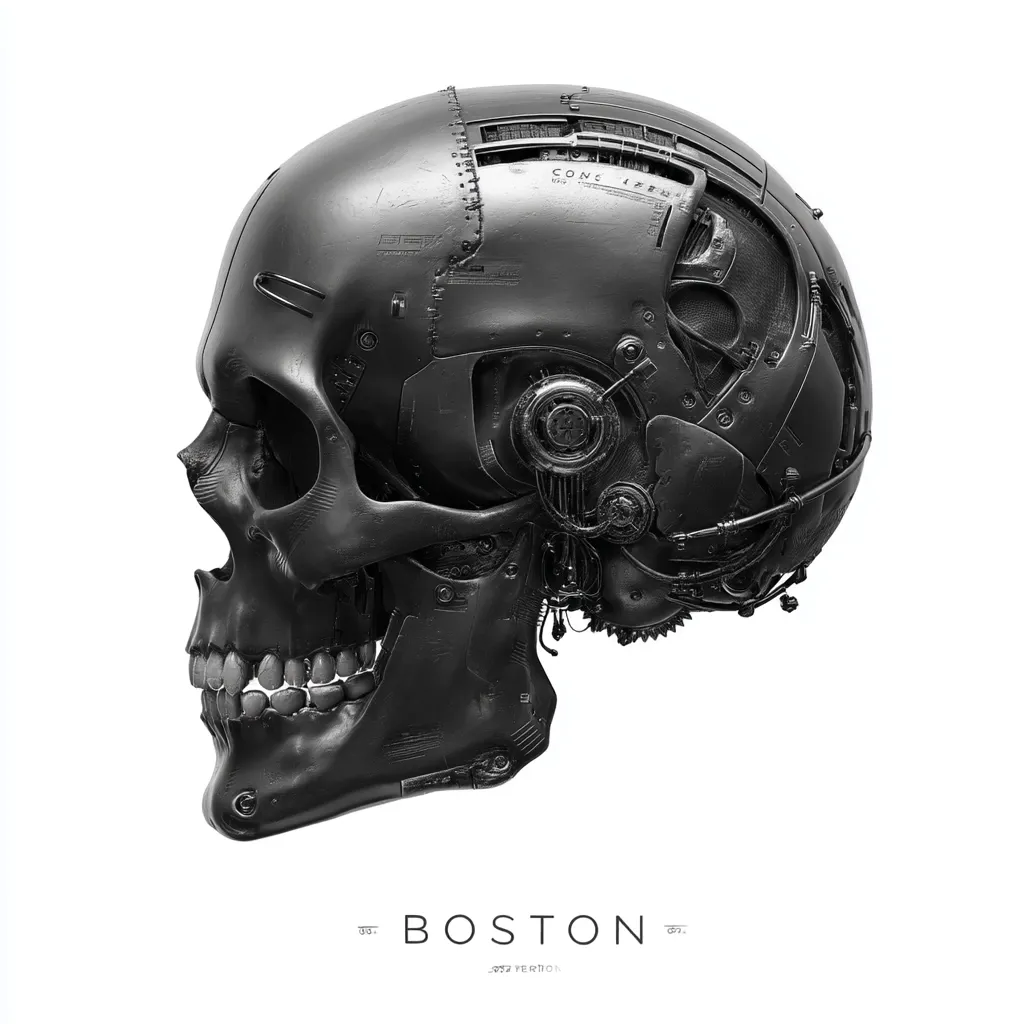 A monochrome 3D rendering showcases a skull meticulously crafted with intricate mechanical details.  The dark, metallic skull appears cybernetic, with visible gears, wiring, and panels suggesting a fusion of organic and robotic elements.  The profile view highlights the skull's detailed structure and the artist's signature, "BOSTON," is subtly placed below.