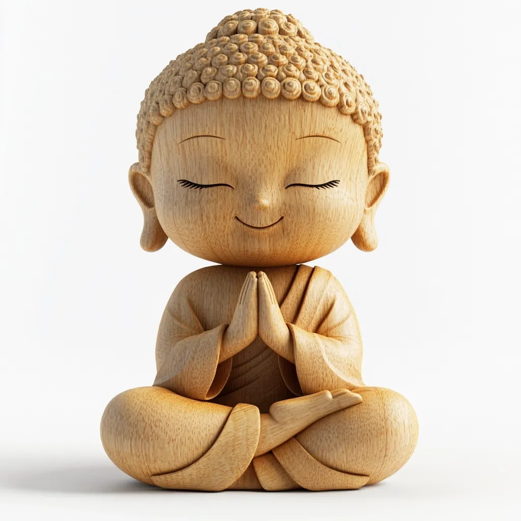 A charming, stylized wooden statue of Buddha sits in a meditative pose.  The figure is depicted with a serene expression, eyes closed, and hands pressed together in prayer.  The light-colored wood and smooth curves give it a warm, peaceful aesthetic, suitable for home décor or spiritual practice.  The details, such as the ushnisha (topknot), are delicately carved.