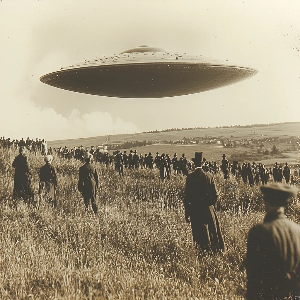 A sepia-toned photograph depicts a large, disc-shaped object hovering above a field.  A crowd of people in period clothing, many wearing hats, stand in a field observing the object. The scene is set in a rural landscape with a distant village visible under a light sky. The image evokes a sense of wonder and mystery, suggesting an encounter with a UFO.