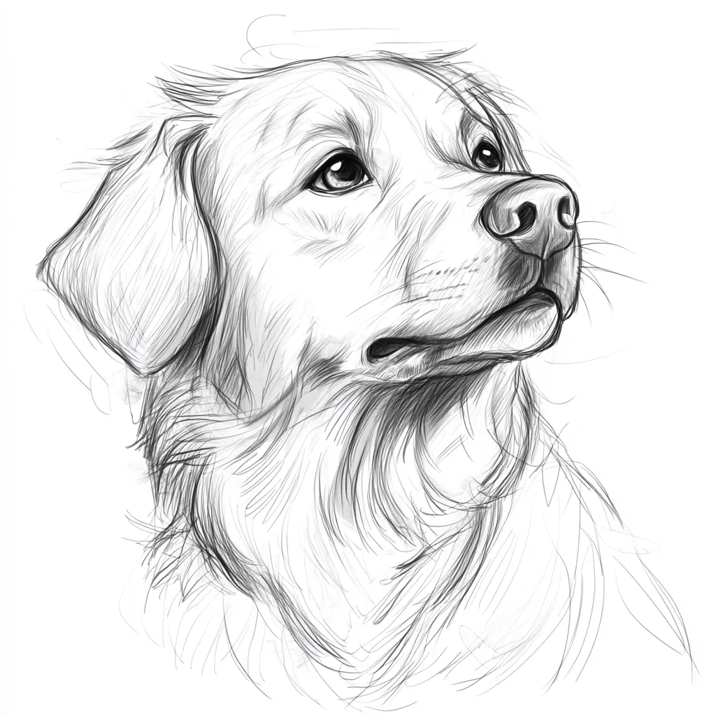 A detailed pencil sketch captures the head and shoulders of a Golden Retriever.  The dog's gaze is directed upward and to the right, its expression gentle and attentive.  The artist skillfully renders the texture of the fur, creating a sense of softness and depth.  Fine lines define the dog's features, highlighting the expressive eyes and the delicate details of its face.