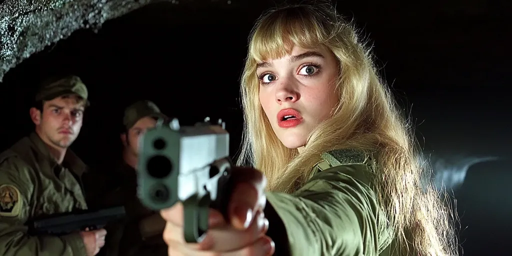 A young woman with blonde bangs aims a handgun, her expression serious.  Two men in military-style uniforms stand behind her, also holding weapons. The dark background suggests a clandestine operation or tense situation. The scene is dramatic and suspenseful.