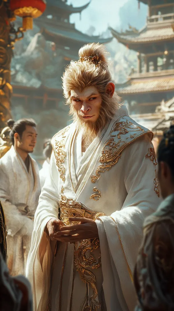 A monkey-like figure, possibly a deity, stands in regal attire.  He is adorned in a flowing white robe intricately embroidered with gold detailing, his blond hair pulled back in a topknot. The setting appears to be a traditional East Asian temple complex, with other figures in white robes visible in the background.  The scene evokes a sense of ancient mythology and power.