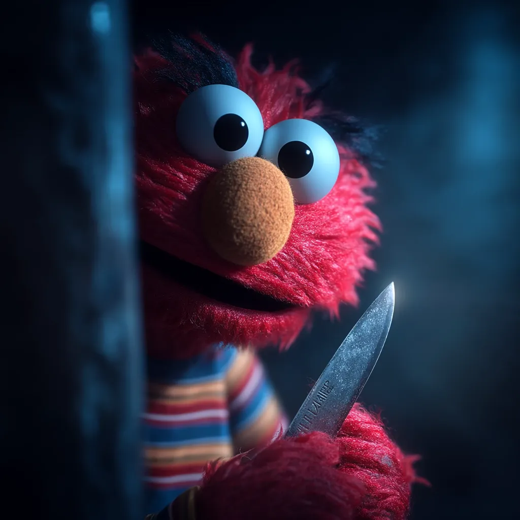 A close-up shot reveals Elmo, the beloved Sesame Street character, in a disturbingly sinister light.  He's partially obscured behind a blurred object, his large eyes wide and unsettling.  Most strikingly, Elmo clutches a knife, creating a stark contrast between his innocent appearance and the menacing weapon. The overall atmosphere is dark and foreboding.