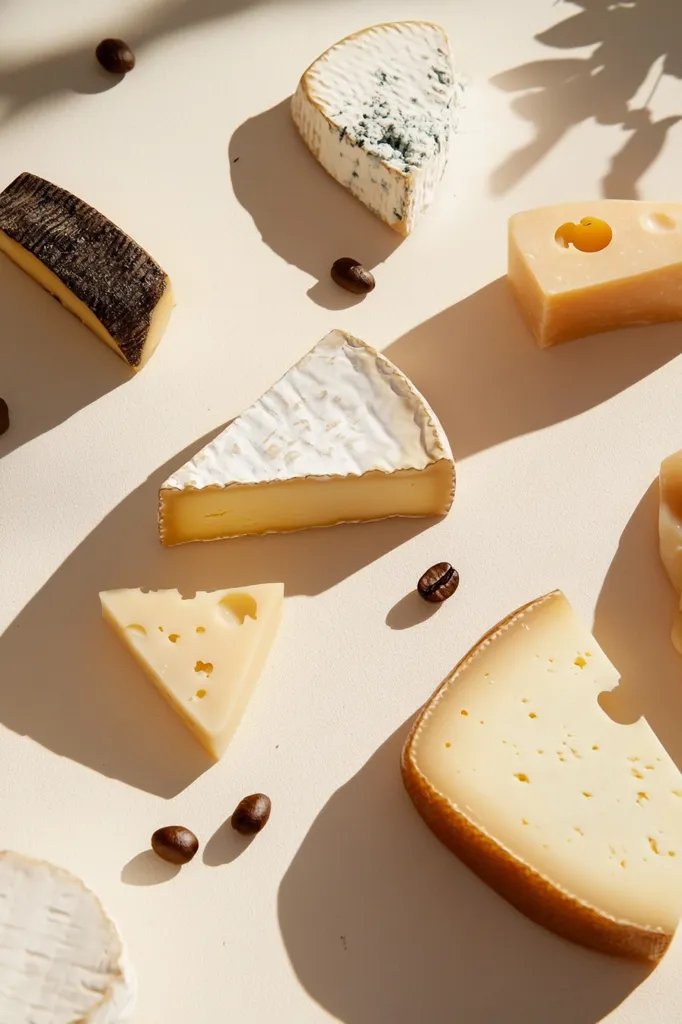 A flat lay showcasing a variety of cheeses on a beige background.  Slices of brie, camembert, a hard cheese, and a blue cheese are artfully arranged alongside coffee beans, casting delicate shadows. The image highlights the textures and colors of the different cheeses, creating a visually appealing composition.