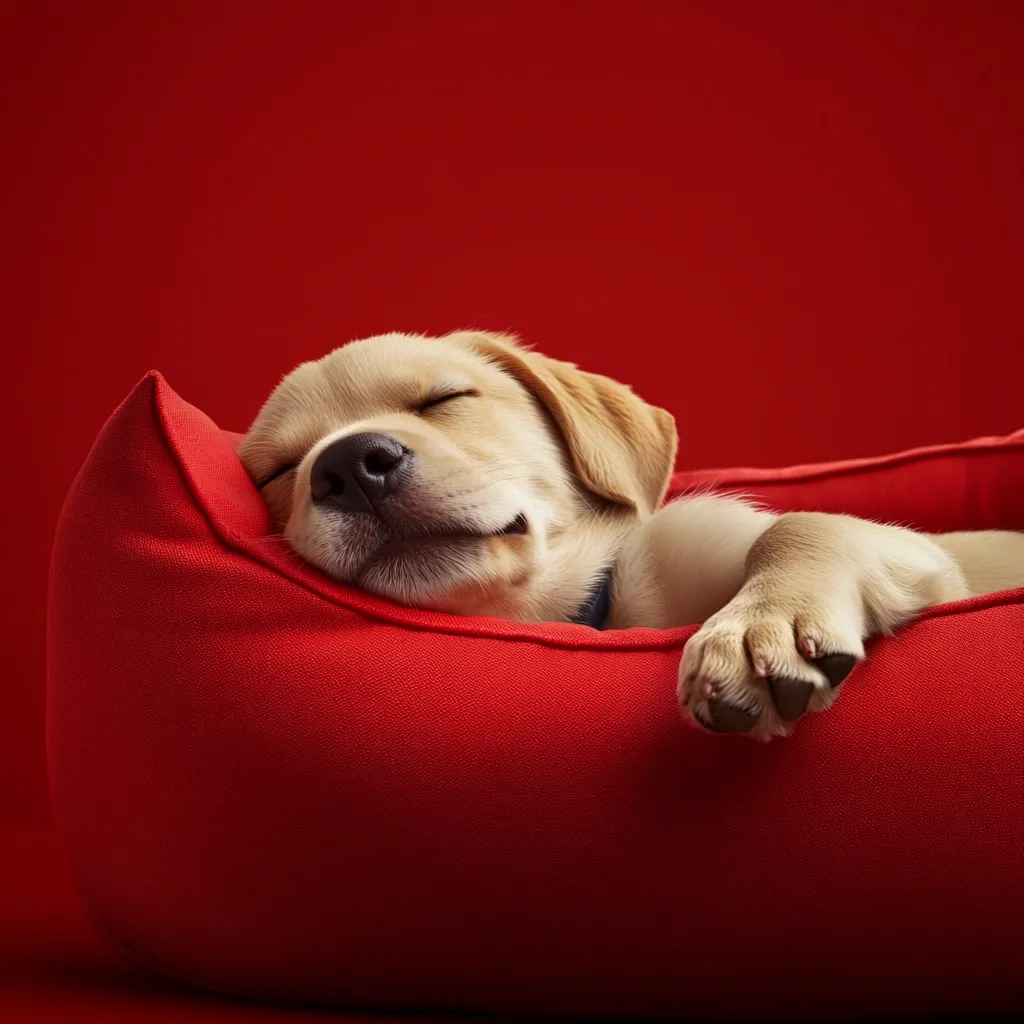A golden retriever puppy sleeps soundly in a vibrant red dog bed against a matching red backdrop.  Its eyes are closed, and a peaceful expression graces its face. The puppy's paws are gently tucked under its body, showcasing its sweet demeanor. The image is a study in contrasting textures, the soft fur of the puppy against the smooth fabric of the bed.