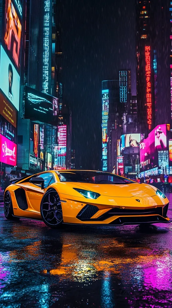 A vibrant yellow Lamborghini Aventador roars through a rain-soaked, neon-drenched city at night.  Brightly lit skyscrapers and billboards reflect in the wet pavement, creating a dazzling spectacle around the powerful sports car. The scene is dynamic and showcases the contrast between the sleek vehicle and the energetic urban backdrop.  Rain streaks down, adding to the atmospheric intensity.