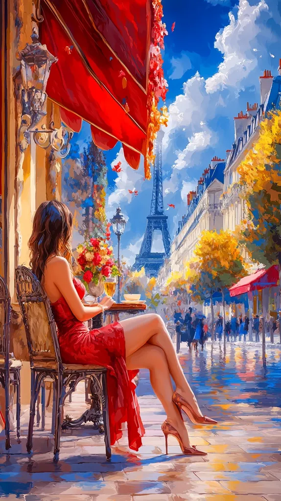 A woman in a red dress sits at a Parisian cafe, enjoying a drink.  The Eiffel Tower is visible in the background, under a bright, partly cloudy sky.  Autumnal colors adorn the trees lining the street, which reflects the wet pavement.  The scene is painted in a vibrant, impressionistic style, capturing a romantic and idyllic moment.