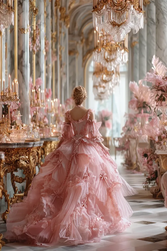 A woman in a voluminous, pale pink ballgown stands in a grand, ornate hall.  The dress is layered with ruffles and delicate detailing.  The hall is adorned with opulent gold accents, crystal chandeliers, and pink floral arrangements, creating a luxurious and romantic atmosphere.  The scene evokes a fairytale setting.