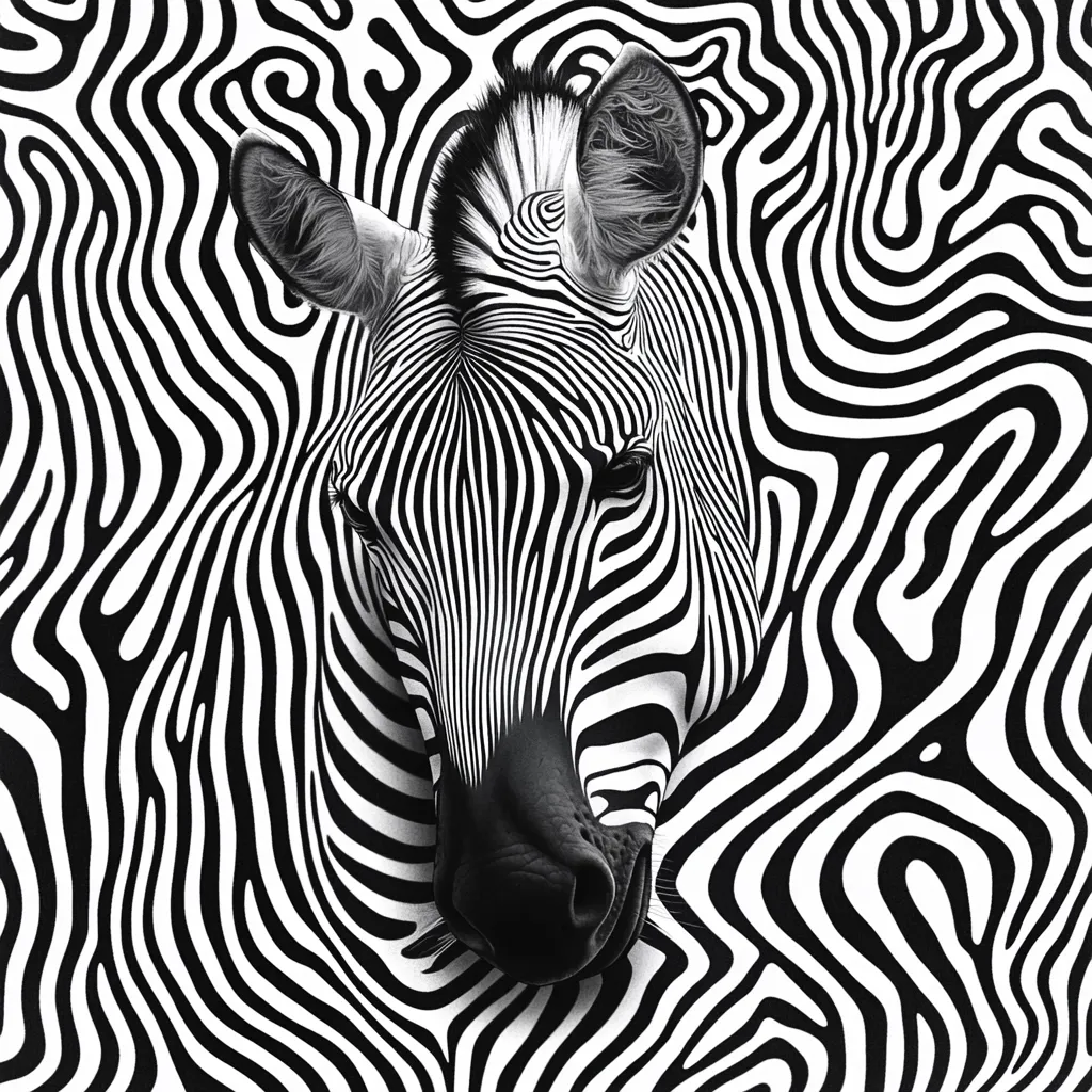 A close-up illustration depicts the head and shoulders of a zebra.  The zebra's black and white stripes seamlessly blend into an abstract background of swirling, similar patterns, creating a visually striking optical illusion. The image is monochromatic, emphasizing the contrast between light and dark.  The zebra's expression is calm and contemplative.