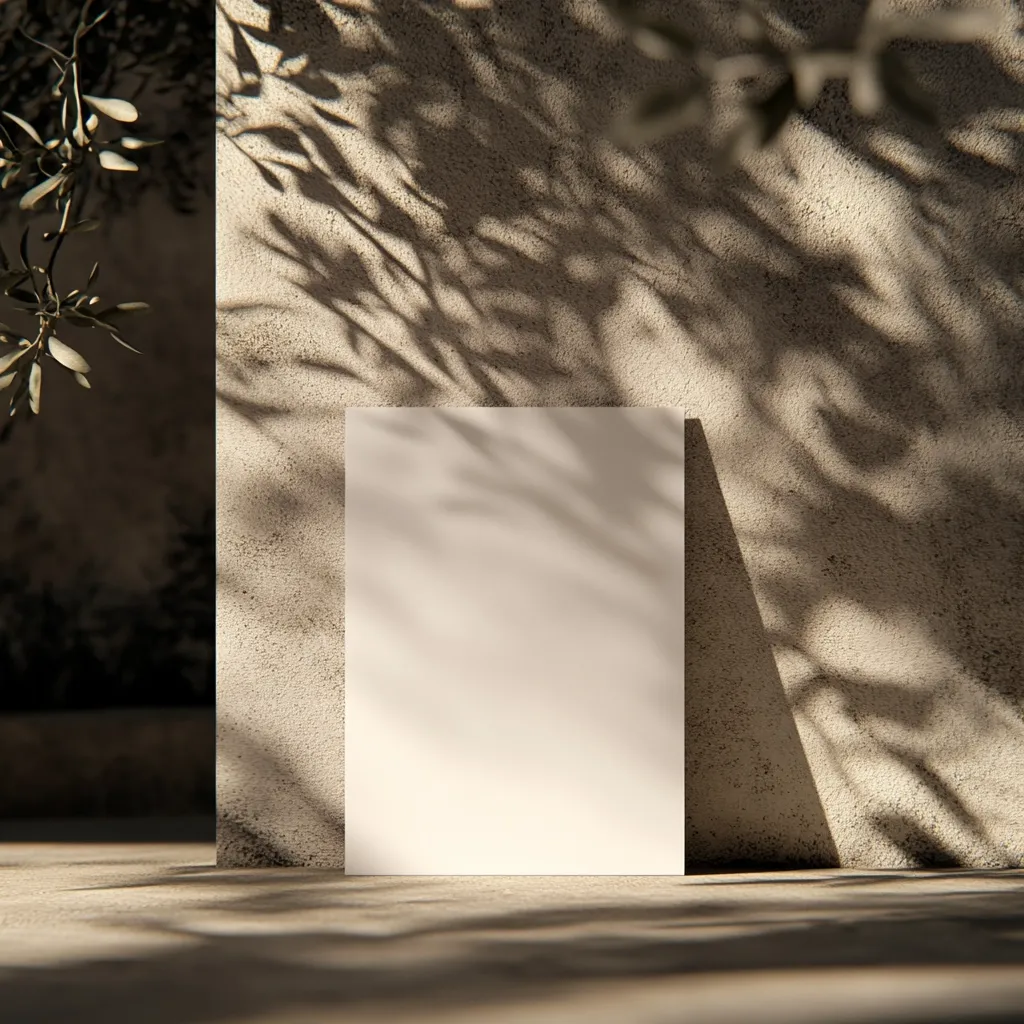 A blank, off-white rectangular card stands against a textured beige wall.  The wall is dappled with shadows cast by overhanging leaves, creating a natural, minimalist scene.  Soft, natural light illuminates the scene. The overall mood is serene and calm, showcasing the blank card as a focal point for potential text or imagery.