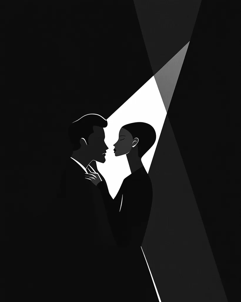 A minimalist black and white illustration depicts a man and woman facing each other, their faces close, in a dimly lit space.  A single spotlight illuminates them from the upper right, highlighting their profiles and creating a dramatic contrast against the dark background. Their silhouettes suggest intimacy and a shared moment.  The style is graphic and evocative.
