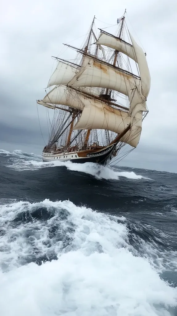 A majestic three-masted sailing ship cuts through rough, dark ocean waves.  Its sails are billowing in the wind, showcasing the ship's power and grace against a stormy, grey sky.  Whitecaps churn around the hull as the vessel bravely navigates the turbulent sea.  The scene is dramatic, highlighting the ship's resilience and the raw power of nature.