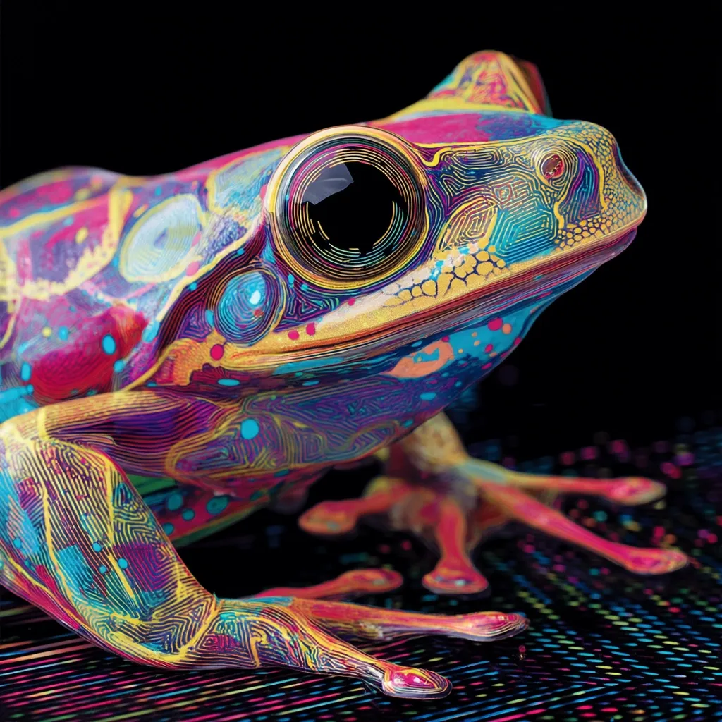 A vibrant, psychedelic frog is depicted in close-up.  Its skin is a swirling mix of bright pinks, purples, blues, yellows, and oranges, creating a mesmerizing pattern.  The frog's large, dark eye is captivating, contrasting sharply with its colorful body.  It sits on a textured, similarly colorful background, adding to the overall surreal and artistic impression.