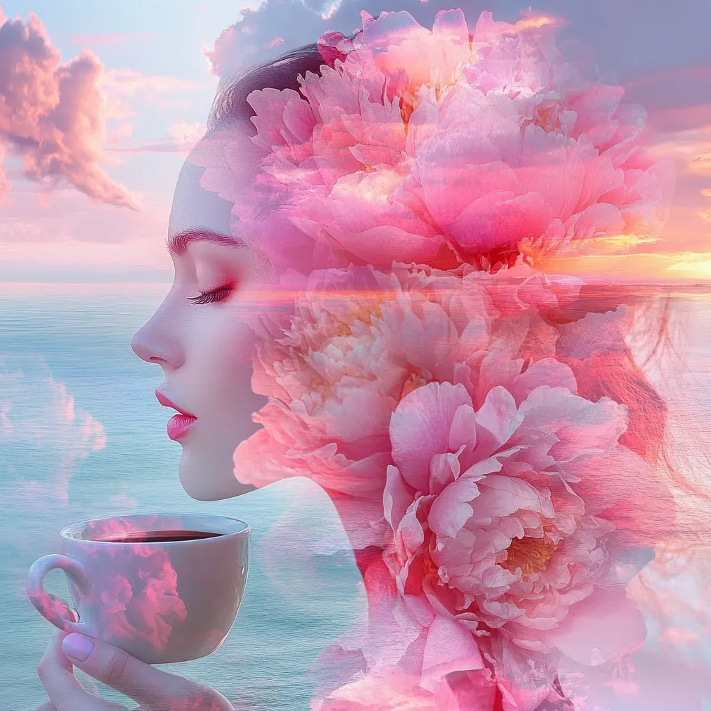 A dreamy double exposure image depicts a serene woman's profile superimposed with vibrant pink peonies. Her eyes are closed, suggesting tranquility.  The backdrop features a calm ocean and a pastel sunset sky, creating a peaceful and ethereal atmosphere. She gently holds a cup, possibly coffee, enhancing the sense of calm and peaceful morning. The overall effect is delicate and feminine.