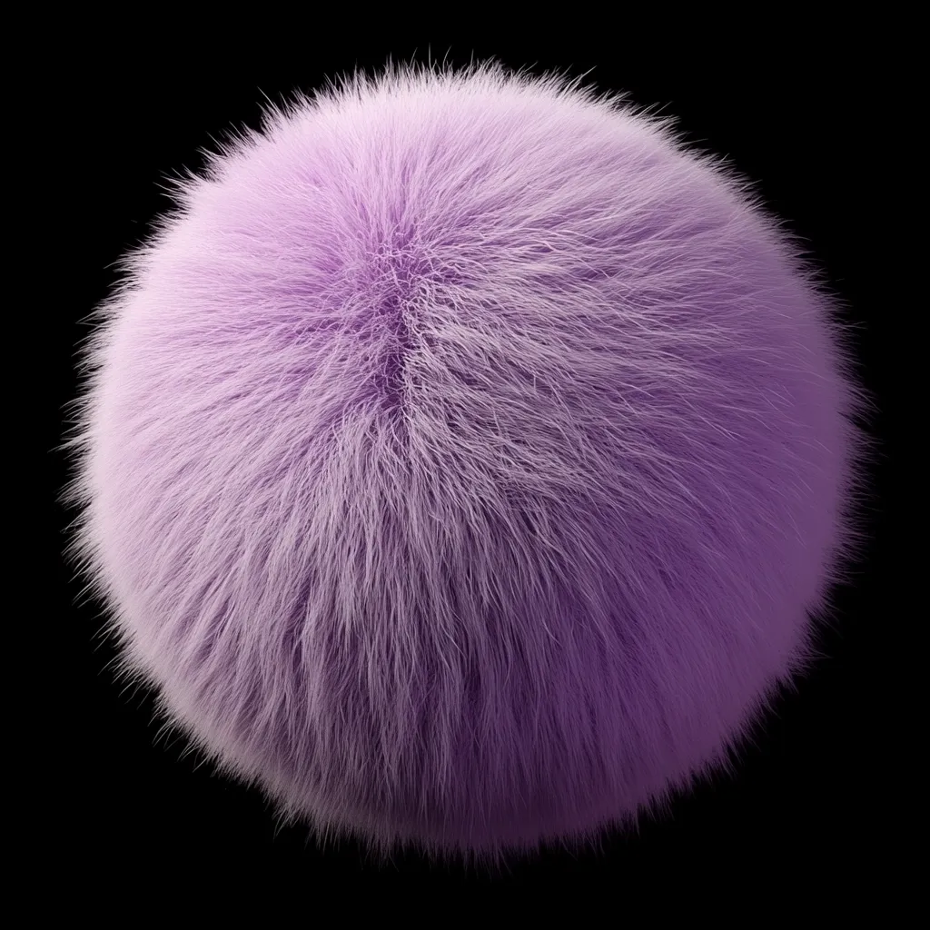 A perfectly spherical, fluffy ball of light purple fur is presented against a stark black background.  The fur appears soft and plush, with individual strands visible, creating a three-dimensional texture. The image is sharply focused, highlighting the even distribution and density of the fur across the sphere's surface.
