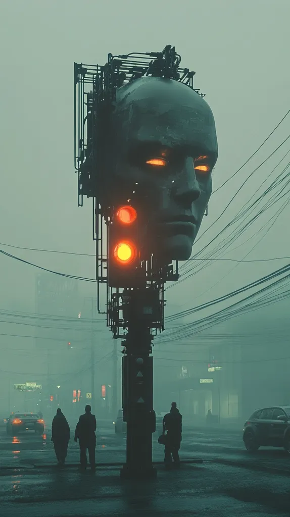 A futuristic traffic signal in the shape of a large, metallic face with glowing orange eyes dominates a foggy cityscape.  The face is intricately detailed with mechanical elements, and the traffic lights are integrated into its design.  Silhouetted figures wait at a crosswalk in the muted, atmospheric scene. The overall mood is dark, mysterious, and evocative of science fiction.