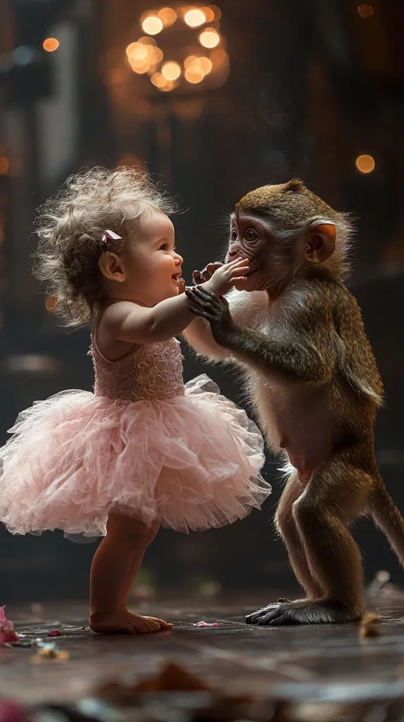A toddler girl in a pink tutu stands facing a small monkey.  They are holding hands, seemingly interacting playfully. The scene is dimly lit, with warm bokeh lights in the background, creating a magical, intimate atmosphere. The focus is on the child and the monkey, emphasizing their unexpected connection.  The image evokes a sense of wonder and innocence.