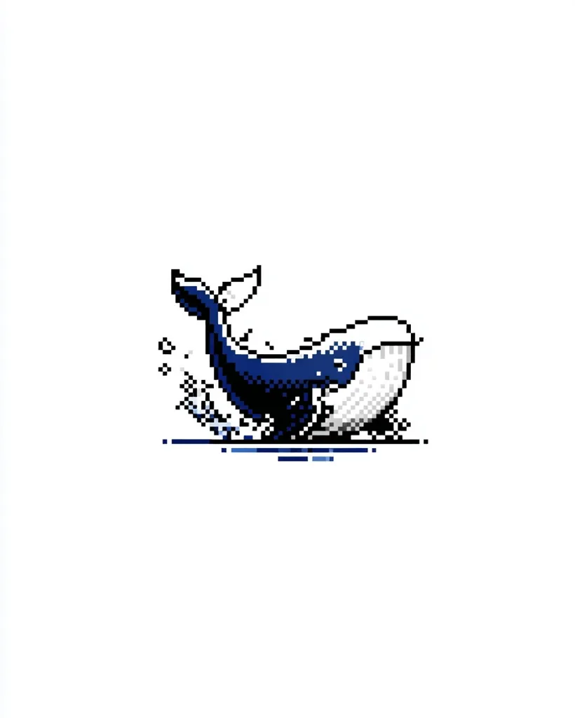 A pixel art illustration depicts a whale playfully breaching the water.  The whale is predominantly dark blue with a lighter underside, its tail flukes raised as it emerges from the ocean.  Small pixelated splashes surround the whale, adding to the dynamic scene. The style is simple yet charming, suitable for various applications.