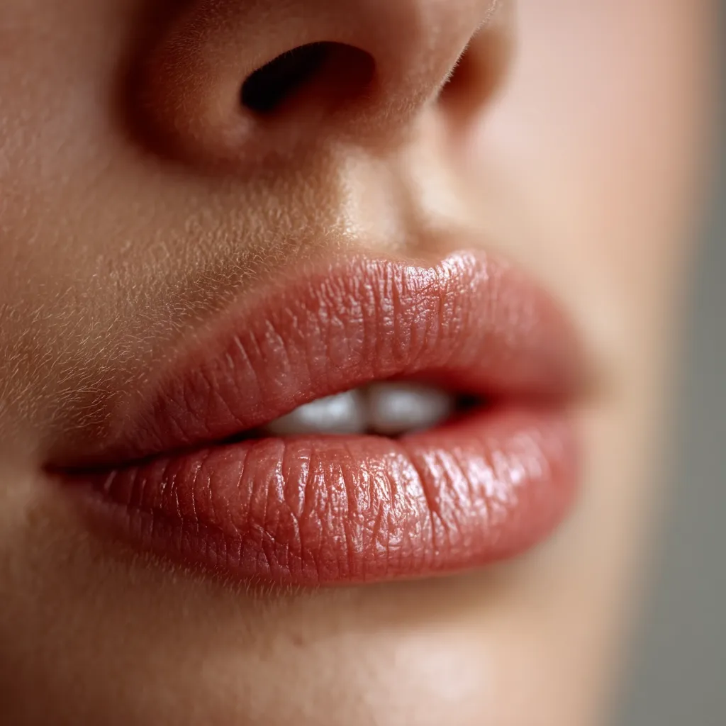 Close-up of a woman's mouth, showcasing full, subtly-colored lips with a natural sheen.  The skin appears smooth and healthy, with a soft focus on the lower portion of the nose. The overall impression is one of beauty and natural elegance.  The lips are slightly parted, revealing a hint of teeth.