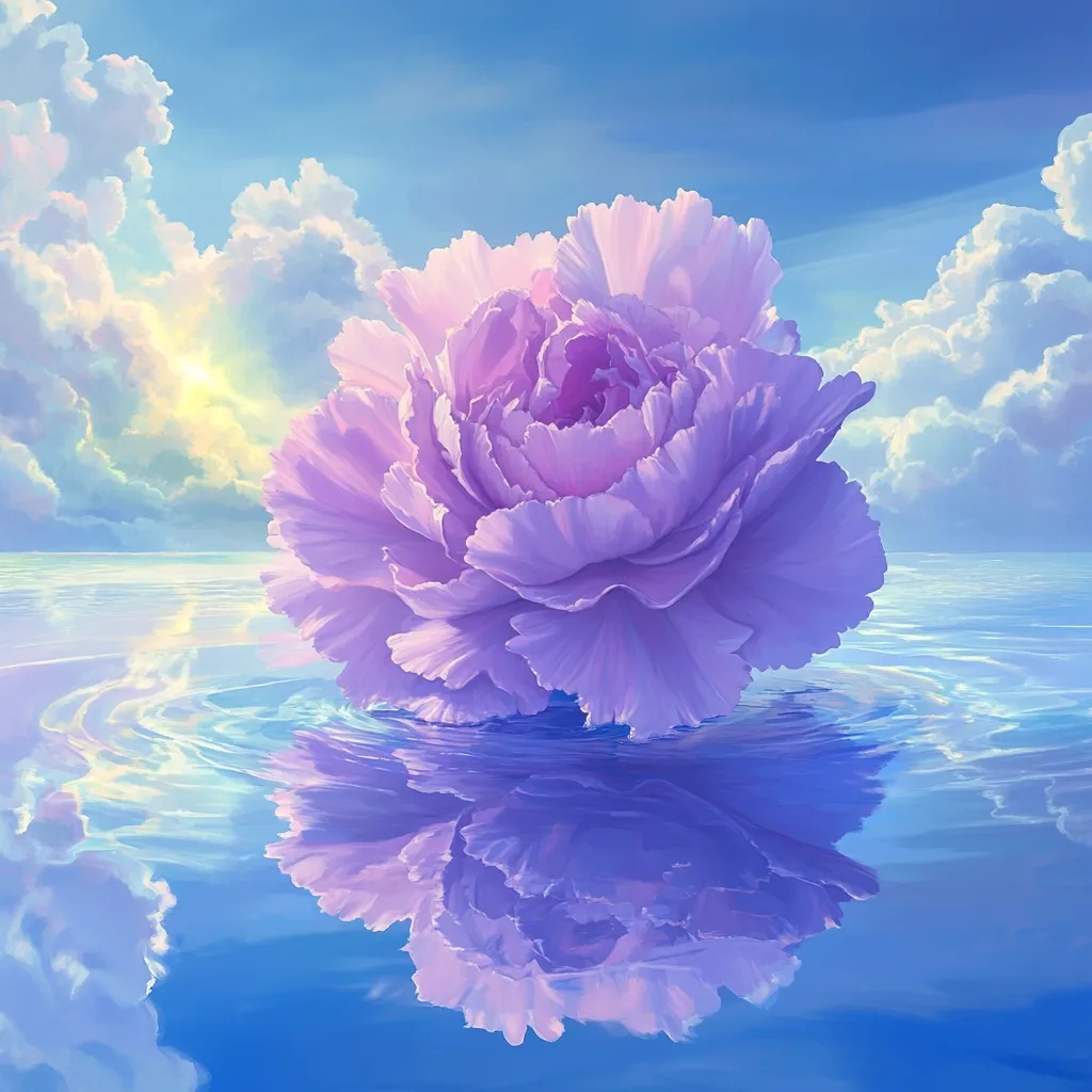 A large, vibrant lavender peony floats serenely on a calm, reflective body of water.  The sky above is a tranquil blend of blue and soft clouds, illuminated by a gentle sun.  The flower's reflection is perfectly mirrored on the water's surface, creating a scene of ethereal beauty and peaceful tranquility.  The overall atmosphere is one of dreamy serenity.