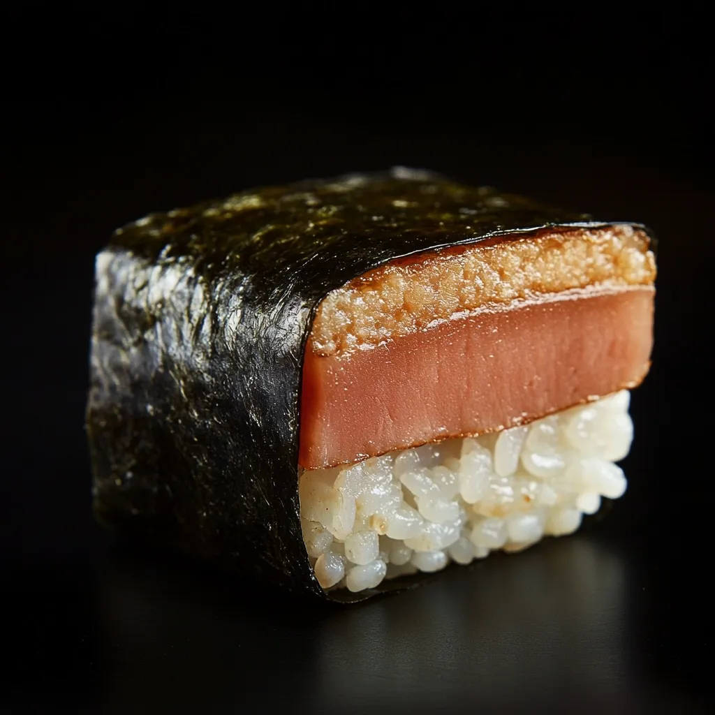 A close-up shot reveals a single piece of Spam Musubi, a Hawaiian snack.  The sushi-like treat consists of white rice, topped with a layer of seared Spam, and wrapped in nori seaweed. The Spam's slightly browned surface and the contrast with the pink interior are clearly visible. The dark background accentuates the food's colors and texture.