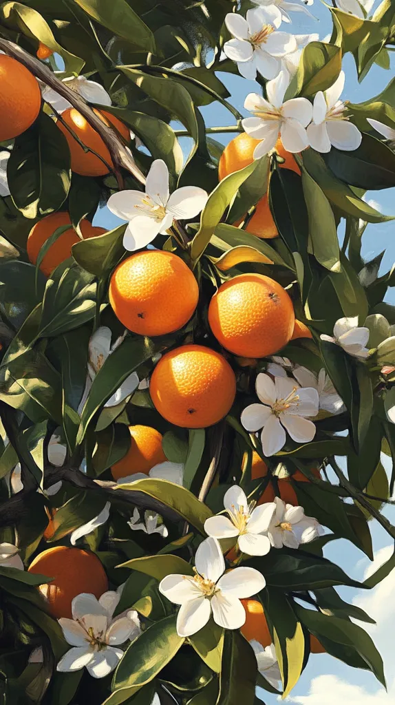 A vibrant painting depicts a laden orange tree, its branches heavy with ripe, sun-kissed oranges.  Lush green leaves and delicate white blossoms intertwine amongst the fruit, creating a visually rich tapestry of color and texture. The bright sunlight suggests a warm, idyllic setting. The artist’s attention to detail is evident in the realistic portrayal of the oranges, leaves, and flowers.